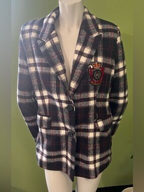 Fashion Nova Black White Red Plaid Crest Blazer